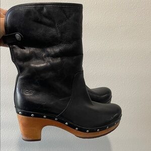 UGG Black Leather Clogs with Wooden Heel